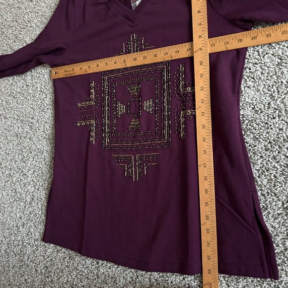 Susan Graver Artisan Small Long Sleeve V-Neck Shirt Beaded Geometric Design - Picture 10 of 10